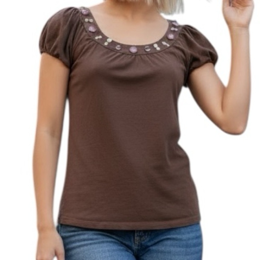 Eyeshadow Medium Brown Embellished Puff Sleeve Y2K Cotton Shirt
